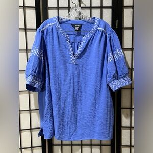 ALI MILES Blue Embroidered Peasant Top SHORT BALLOON SLEEVES WOMEN SIZE 1X